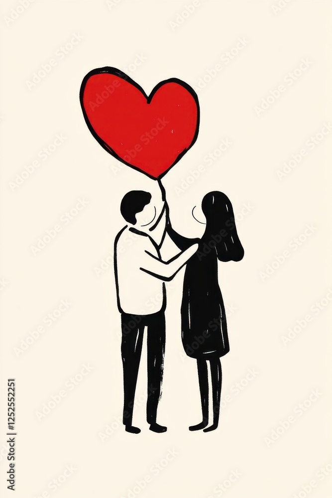 A couple holding a red heart balloon, symbolizing love and connection, showcasing affection and happiness in a whimsical illustration.