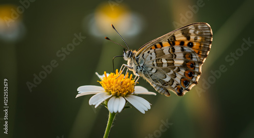 Butterfly feeding on a daisy flower in garden macro shot