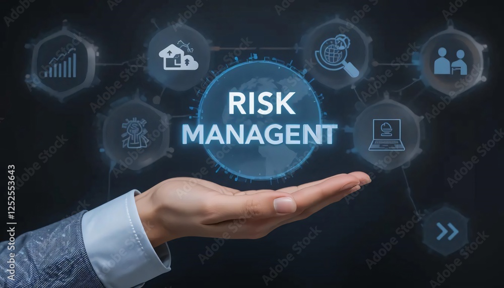 Risk Management Strategy Hand Holding Global Network of Digital Icons Risk Management Strategy Hand Holding Global Network of Digital Icons