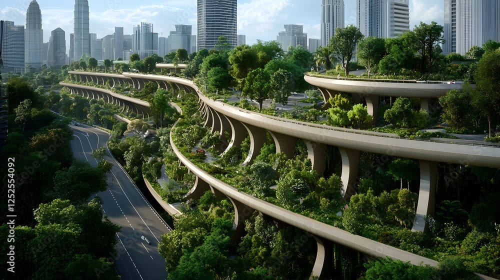 Fototapeta premium Futuristic Cityscape with Elevated Urban Walkways and Layered Roads Weaving Through Lush Green