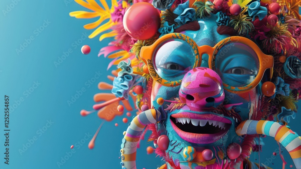 Fototapeta premium Vibrant Digital Art, A Joyful, Colorful Portrait Adorned with Whimsical, Abstract Floral Elements and Candy-like Details.
