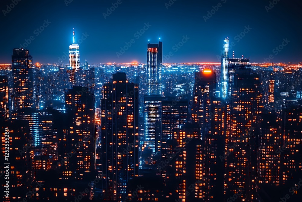 Fototapeta premium Night cityscape, illuminated skyscrapers, city lights.