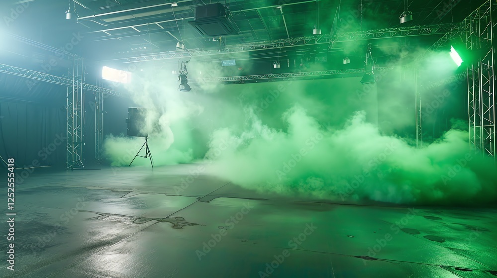 Fototapeta premium A large warehouse space with green smoke billowing from a smoke machine.