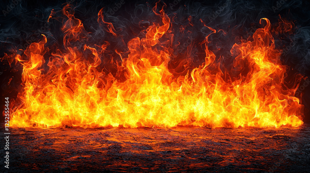 Fire flames burning intensely on dark background, ideal for dramatic effect Fire flames burning intensely on dark background, ideal for dramatic effect