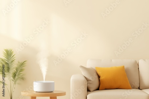 A cozy living space featuring a light-colored sofa, a vibrant yellow pillow, a plant, and a stylish diffuser on a wooden table.