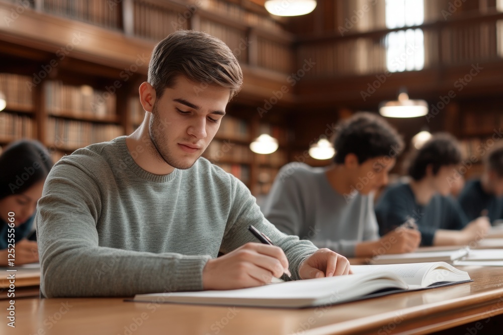 A focused student writes in a book at a library, surrounded by others engaged in studying, creating a serene academic environment. A focused student writes in a book at a library, surrounded by others engaged in studying, creating a serene academic environment.
