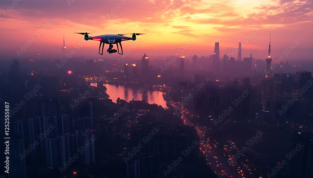 A drone flying over the city with lights A drone flying over the city with lights