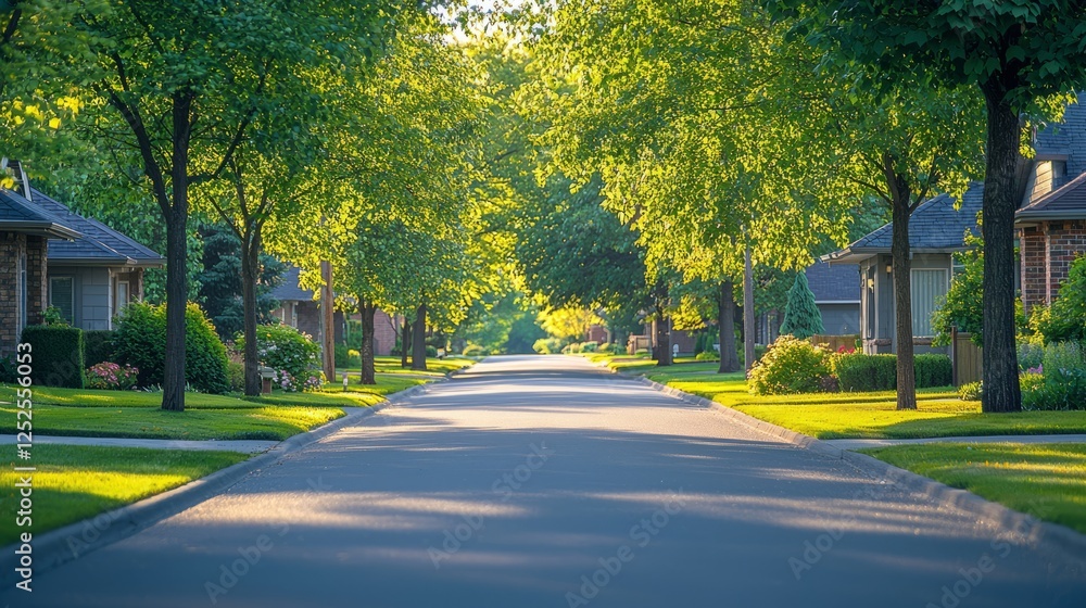 Serene Street with Lush Green Trees and Morning Light Serene Street with Lush Green Trees and Morning Light