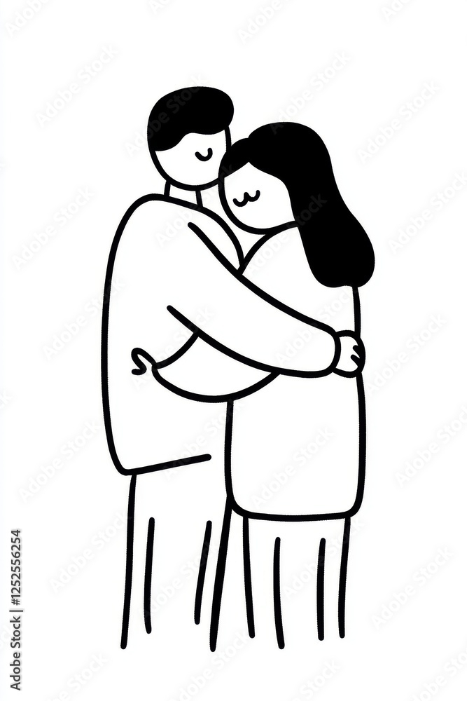A simple line drawing of a couple embracing, representing love, connection, and intimacy in a minimalist style. A simple line drawing of a couple embracing, representing love, connection, and intimacy in a minimalist style.