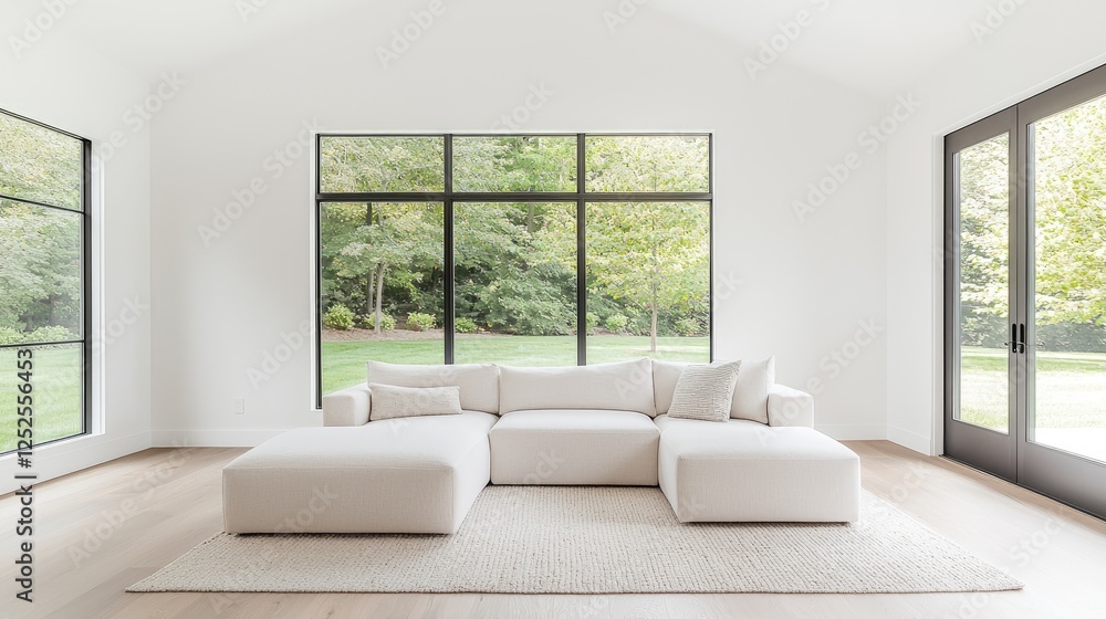 Fototapeta premium Modern sectional sofa in bright living room, overlooking garden