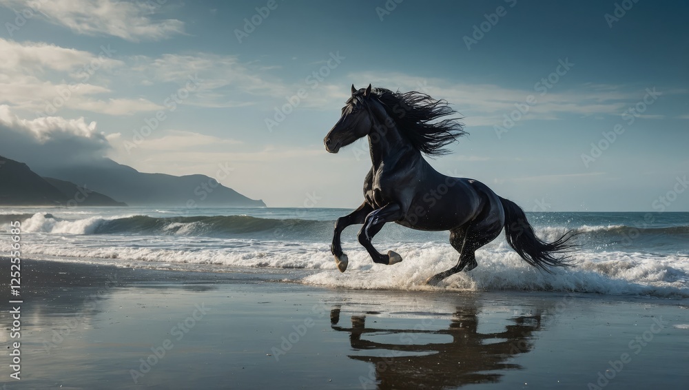 Side view of a black Friesian galloping along the beach, silhouetted by sea and sky.
Side view of a black Friesian galloping along the beach, silhouetted by sea and sky.