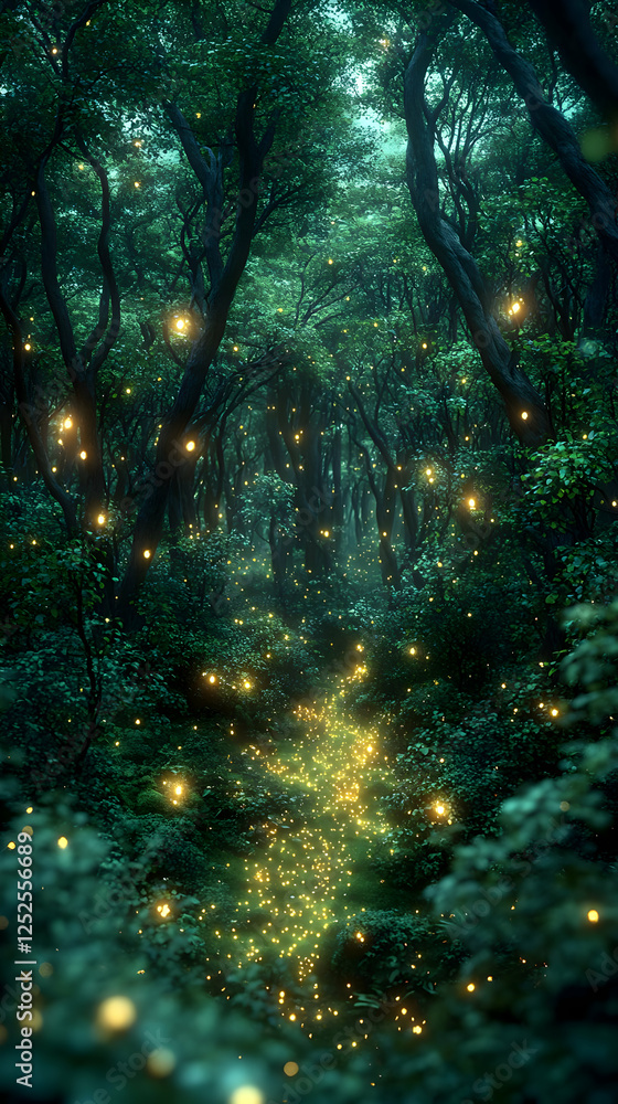 Obraz premium Mystical Glowing Path In Dark Forest