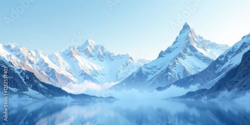 Wallpaper Mural Serene Winter Landscape Majestic Snow-Capped Peaks Reflecting in a Calm Lake, Misty Valley, Tranquil Scene Torontodigital.ca