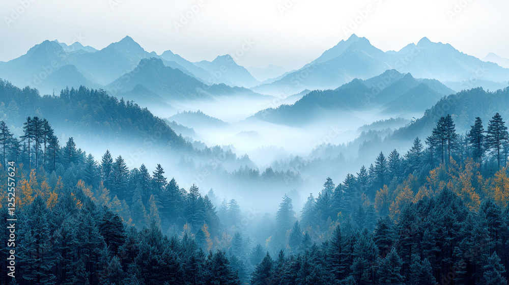 Obraz premium Misty mountain valley with pine forest, tranquil nature scene