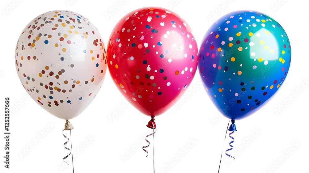 Celebration Balloons Trio: Three vibrant balloons—off-white, crimson, and teal—adorned with confetti, arranged in a row, symbolize festive cheer and joyous occasions. Celebration Balloons Trio: Three vibrant balloons—off-white, crimson, and teal—adorned with confetti, arranged in a row, symbolize festive cheer and joyous occasions.