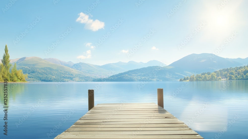 Tranquil wooden dock on serene lake with majestic mountain views in the background Tranquil wooden dock on serene lake with majestic mountain views in the background