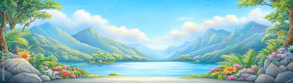 Obraz premium Tranquil mountain lake painting colorful wildflower bloom by the water edge