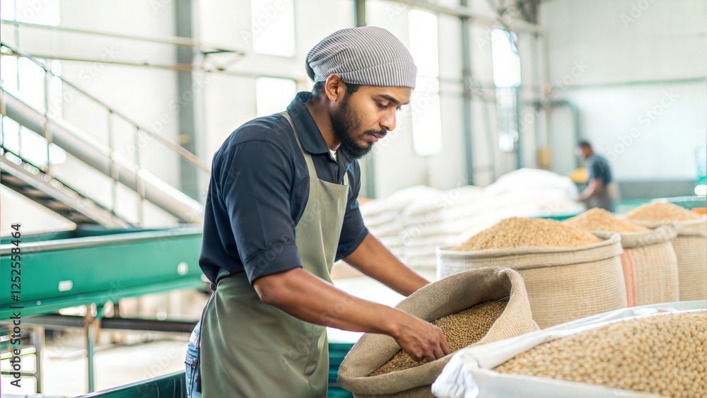 Indian Factory staff in Agro-Processing Plant Portrait – A worker handling grains, spices, or packaged food products in an agricultural processing unit.
Indian Factory staff in Agro-Processing Plant Portrait – A worker handling grains, spices, or packaged food products in an agricultural processing unit.