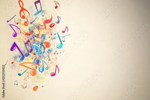 An abstract background with colorful musical notes in a swirling arrangement, positioned on a neutral backdrop, leaving ample space for additional text.