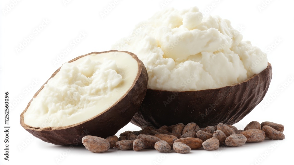 Organic Shea Butter Inside Coconut Shell With Whole Shea Nuts on White Background Organic Shea Butter Inside Coconut Shell With Whole Shea Nuts on White Background