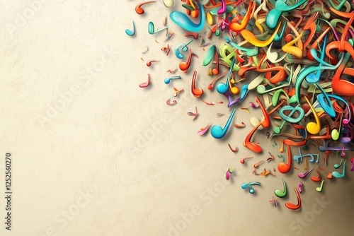 An abstract background with colorful musical notes in a swirling arrangement, positioned on a neutral backdrop, leaving ample space for additional text.