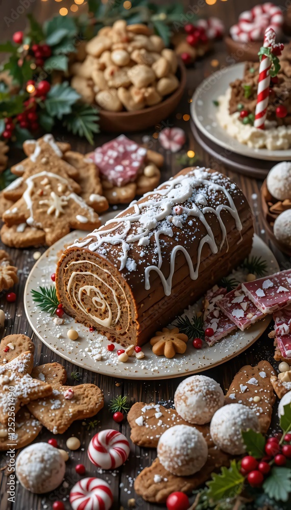 Delicious Christmas Yule Log Cake with Gingerbread Cookies and Festive Treats Delicious Christmas Yule Log Cake with Gingerbread Cookies and Festive Treats