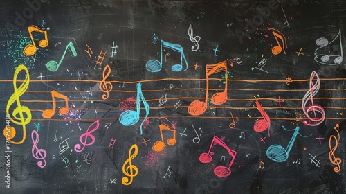 A black chalkboard with colorful music notes drawn on it.
