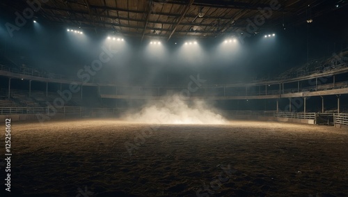 Lonely rodeo grounds glowing under floodlights, smoke curling in the stillness.

