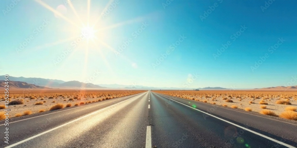 Naklejka premium A sun-drenched highway stretches endlessly across a barren, sun-baked landscape under a brilliant blue sky