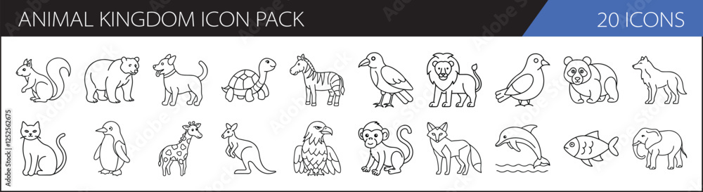 Fototapeta premium Animal Kingdom Icon Pack in Line Art - A collection of 20 animal icons in line art, featuring various species from the animal kingdom, including mammals, birds, and marine life.