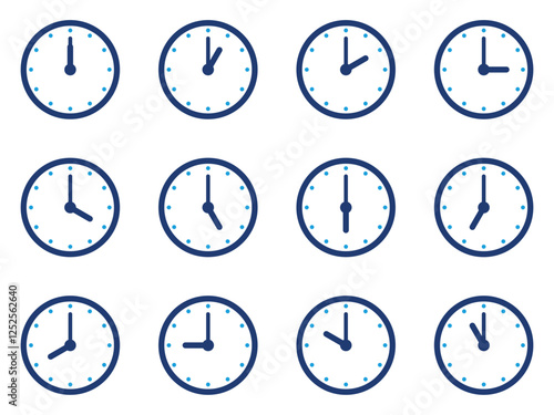 Set of clocks for every hour isolated on white background