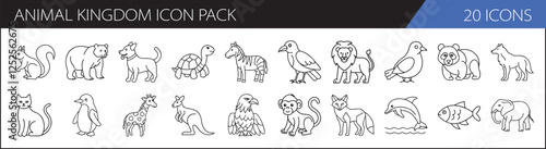 Canvas Print Animal Kingdom Icon Pack in Line Art - A collection of 20 animal icons in line art, featuring various species from the animal kingdom, including mammals, birds, and marine life