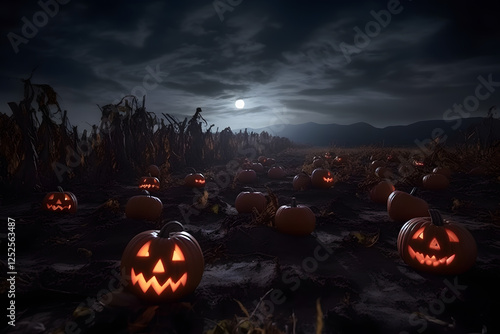 Moonlit Pumpkin Patch With Glowing Jack-O'-Lanterns at Night