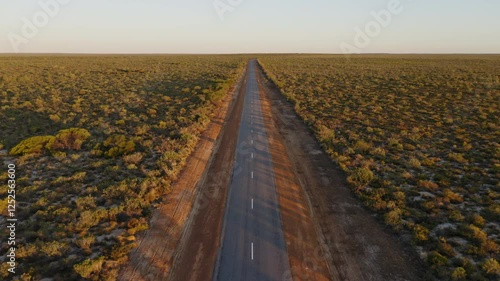 Aerial view of empty straight road in the outback at sunset, Western Australia