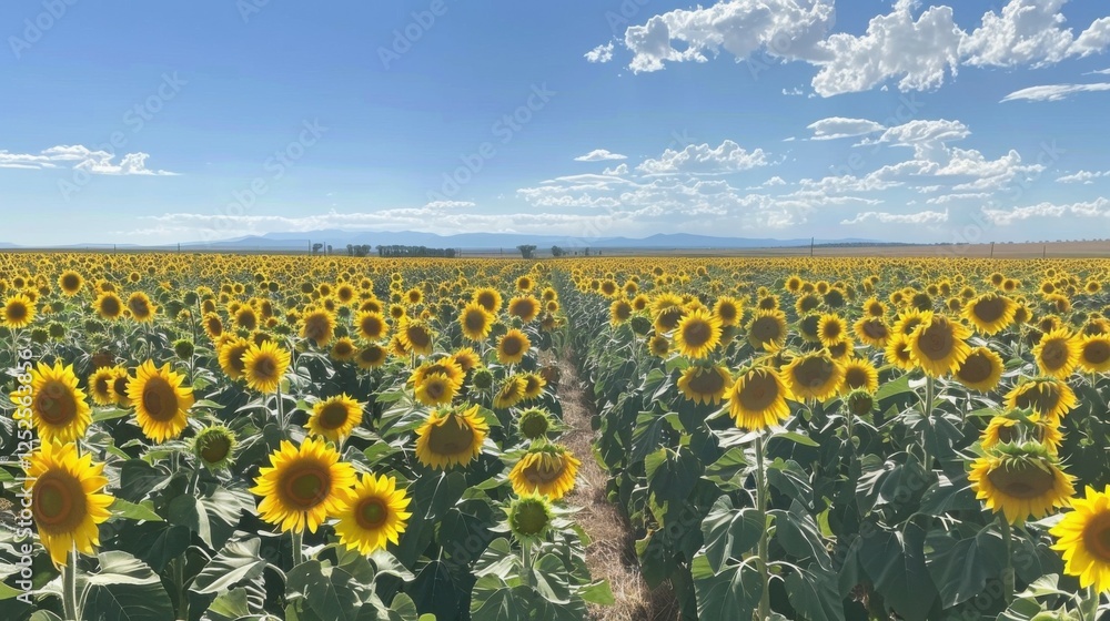 Obraz premium A Serene Sunflower Field Under a Bright Blue Sky