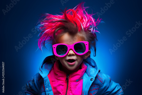 Vibrant Minimalist Portrait of a Child With Pink Hair and Sunglasses