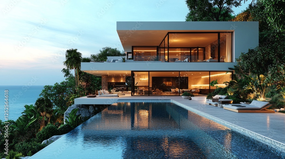Fototapeta premium White Mediterranean Modern and luxury Hotel lounge building architecture design concept, summer villa house residence and private with swimming pool and sea view, resort. 3d design