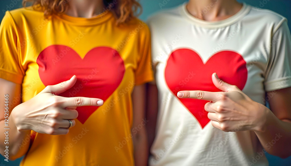 Two people are wearing matching t-shirts featuring large red heart designs, with one shirt being yellow and the other white. They are playfully pointing at the hearts, creating a fun and festive vibe Two people are wearing matching t-shirts featuring large red heart designs, with one shirt being yellow and the other white. They are playfully pointing at the hearts, creating a fun and festive vibe