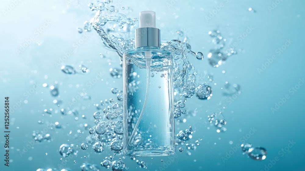A bottle of skincare product floating in water, surrounded by bubbles, against a serene blue background, symbolizing refreshing beauty care A bottle of skincare product floating in water, surrounded by bubbles, against a serene blue background, symbolizing refreshing beauty care