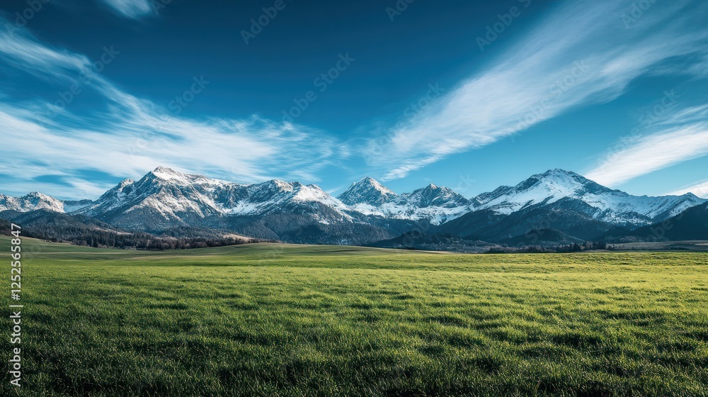 Fototapeta premium Majestic snow-capped mountains, green field, blue sky; nature landscape, travel