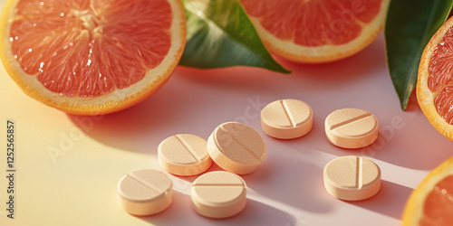 Wallpaper Mural Close-up of fresh oranges and vitamin C supplements, including capsules and tablets, against a bright golden background representing health and nutrition.   Torontodigital.ca