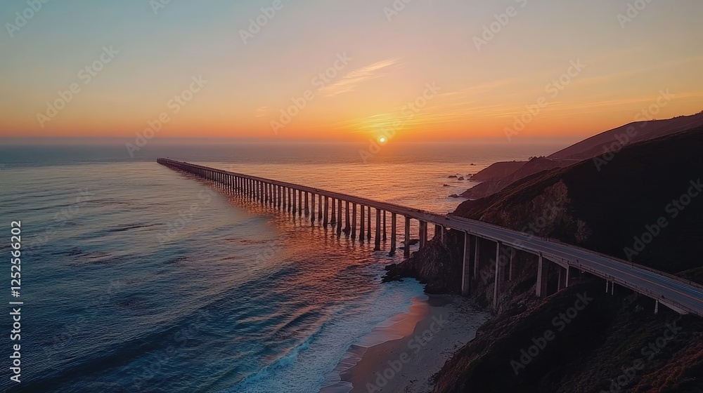 A breathtaking aerial view of a long bridge stretching over the ocean at sunset, with warm hues of orange and pink lighting up the sky and water A breathtaking aerial view of a long bridge stretching over the ocean at sunset, with warm hues of orange and pink lighting up the sky and water
