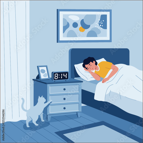 Man Sleeping in Bedroom with Cat and Digital Clock at Night