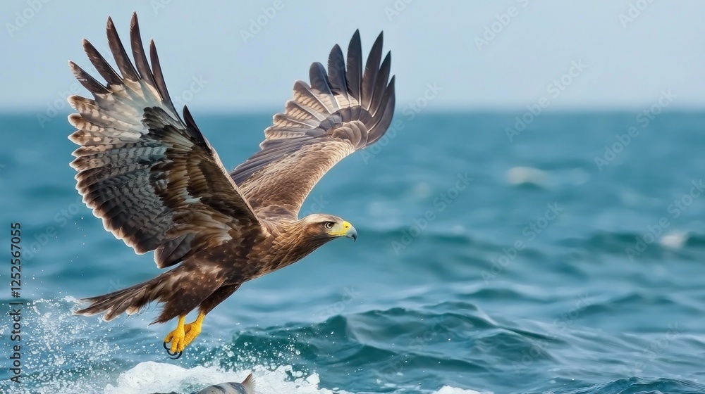 Fototapeta premium Sea hawk with wings spread, hunting a fish in the ocean.