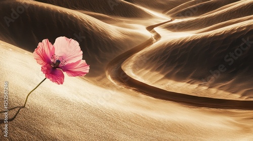 Desert poppy flower blooms near sand dune road photo