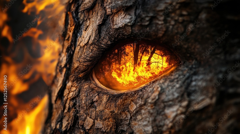 A captivating image of a tree bark with an eye reflection, mirroring the fierce flames of a forest fire, evoking both beauty and danger in nature A captivating image of a tree bark with an eye reflection, mirroring the fierce flames of a forest fire, evoking both beauty and danger in nature