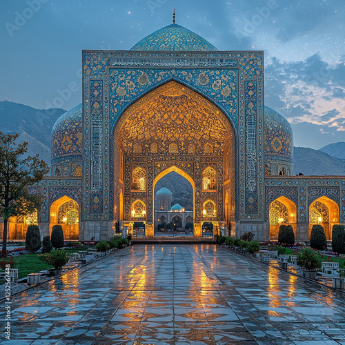 Illuminated mosque at dusk, reflecting on wet plaza, with mountains backdrop photo