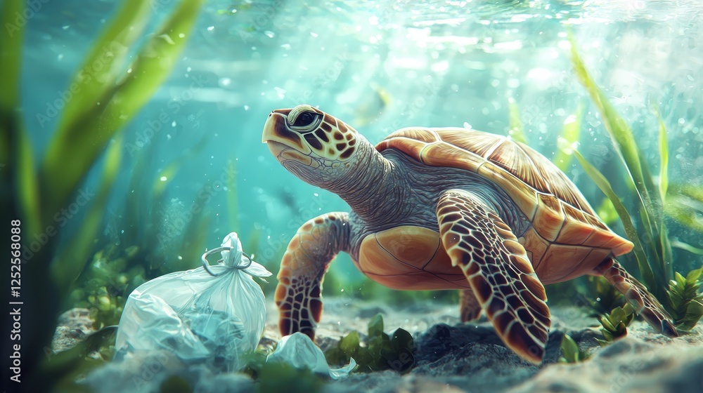 Fototapeta premium Sea Turtle and Plastic Pollution: A Call for Ocean Conservation