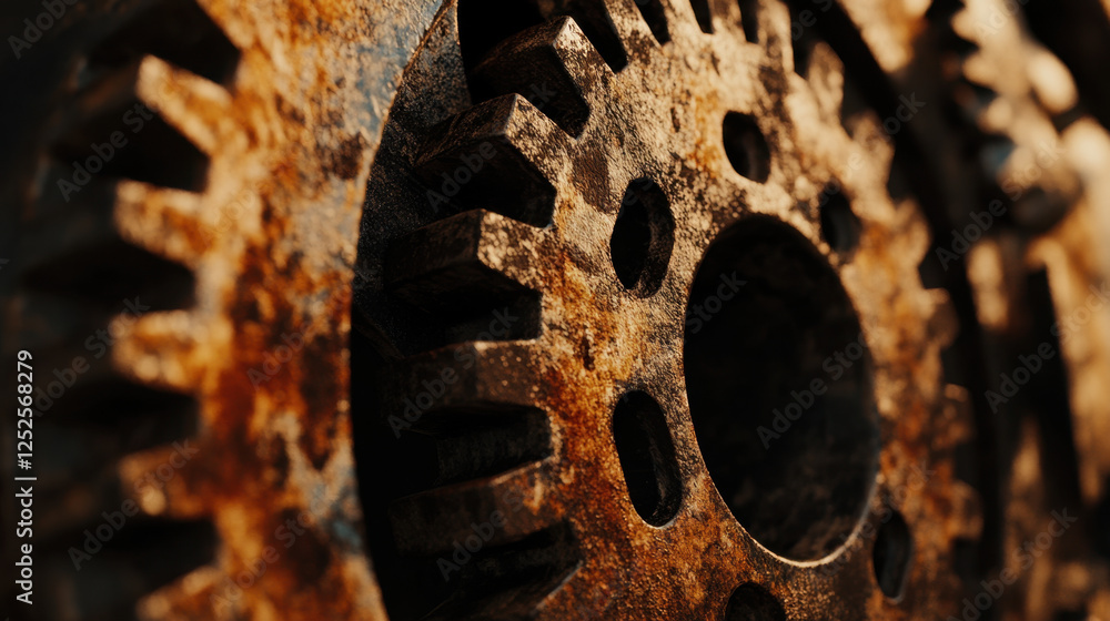 Close-up of rusted metal gears in an abandoned factory with golden hour Close-up of rusted metal gears in an abandoned factory with golden hour