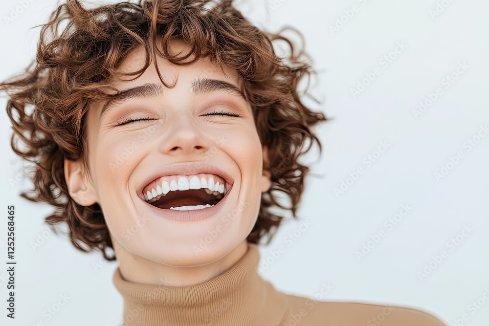 close-up of joyful androgynous individual laughing naturally wearing minimal makeup and simple turtleneck close-up of joyful androgynous individual laughing naturally wearing minimal makeup and simple turtleneck